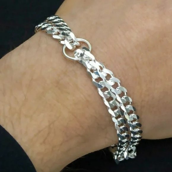 Real 925 Sterling Silver Double Curb Bracelet | Made in Italy | Cuban Link 5.7mm - Picture 1 of 3
